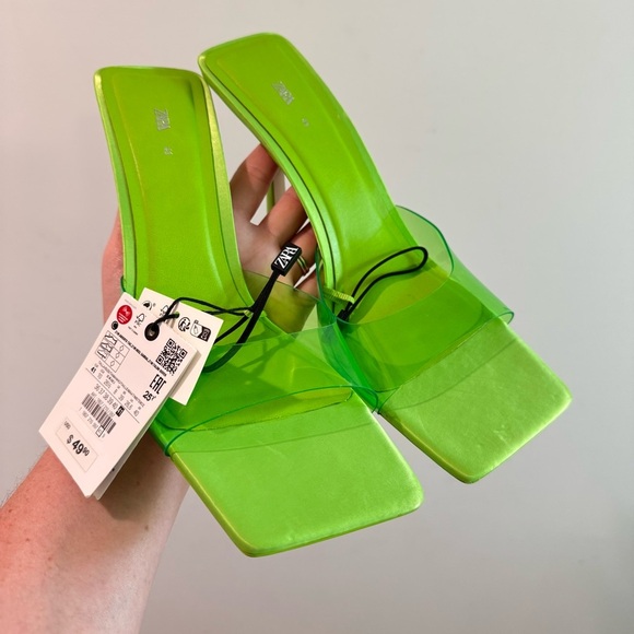 NWT Zara Lime Green High Heel Vinyl Mules Size 41 - Picture 5 of 11